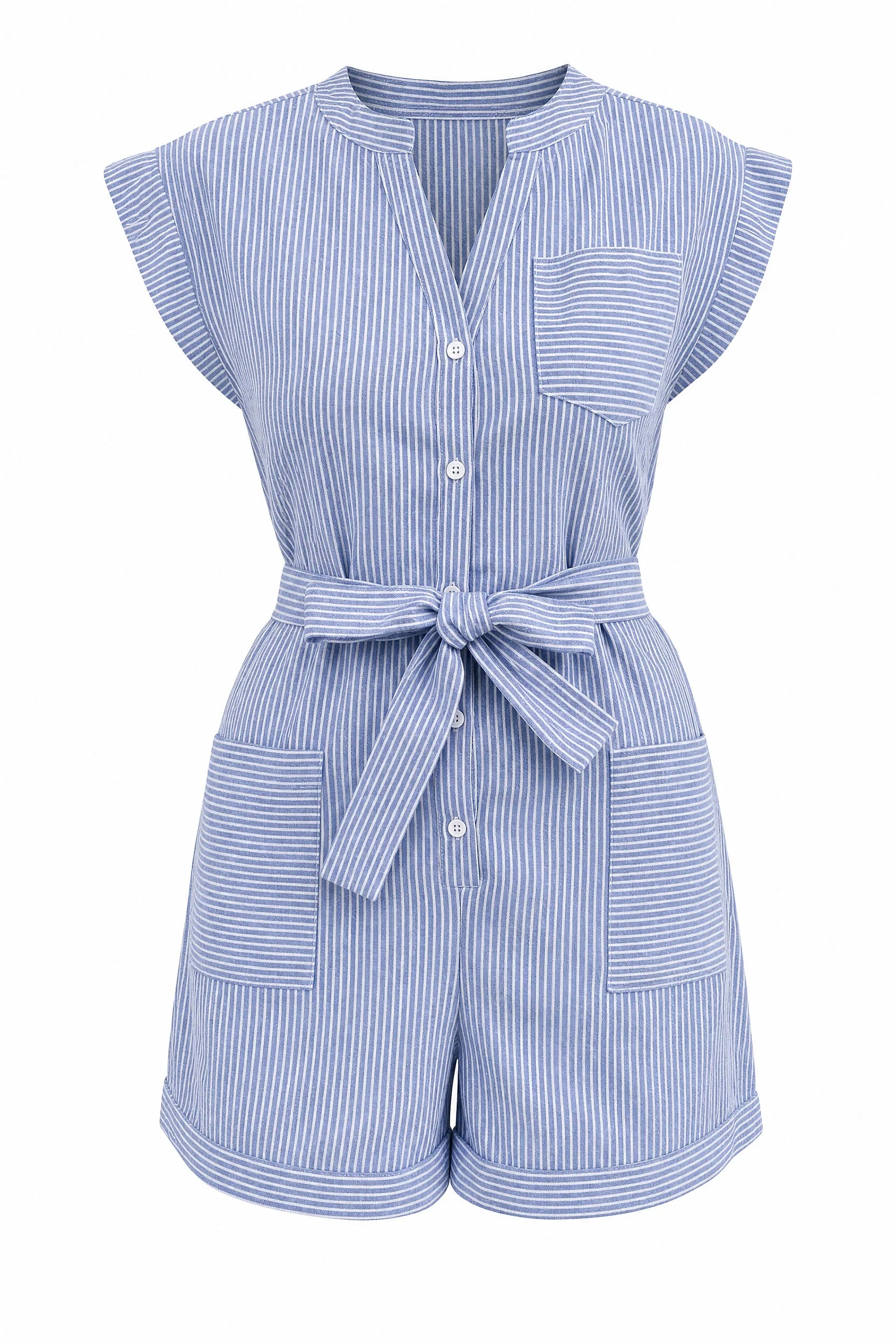 Combishort bleu rayé col en V | Lounelle Paris