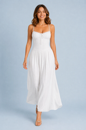 Robe longue blanche bretelles dentelle | Vue en mouvement | Lounelle Paris