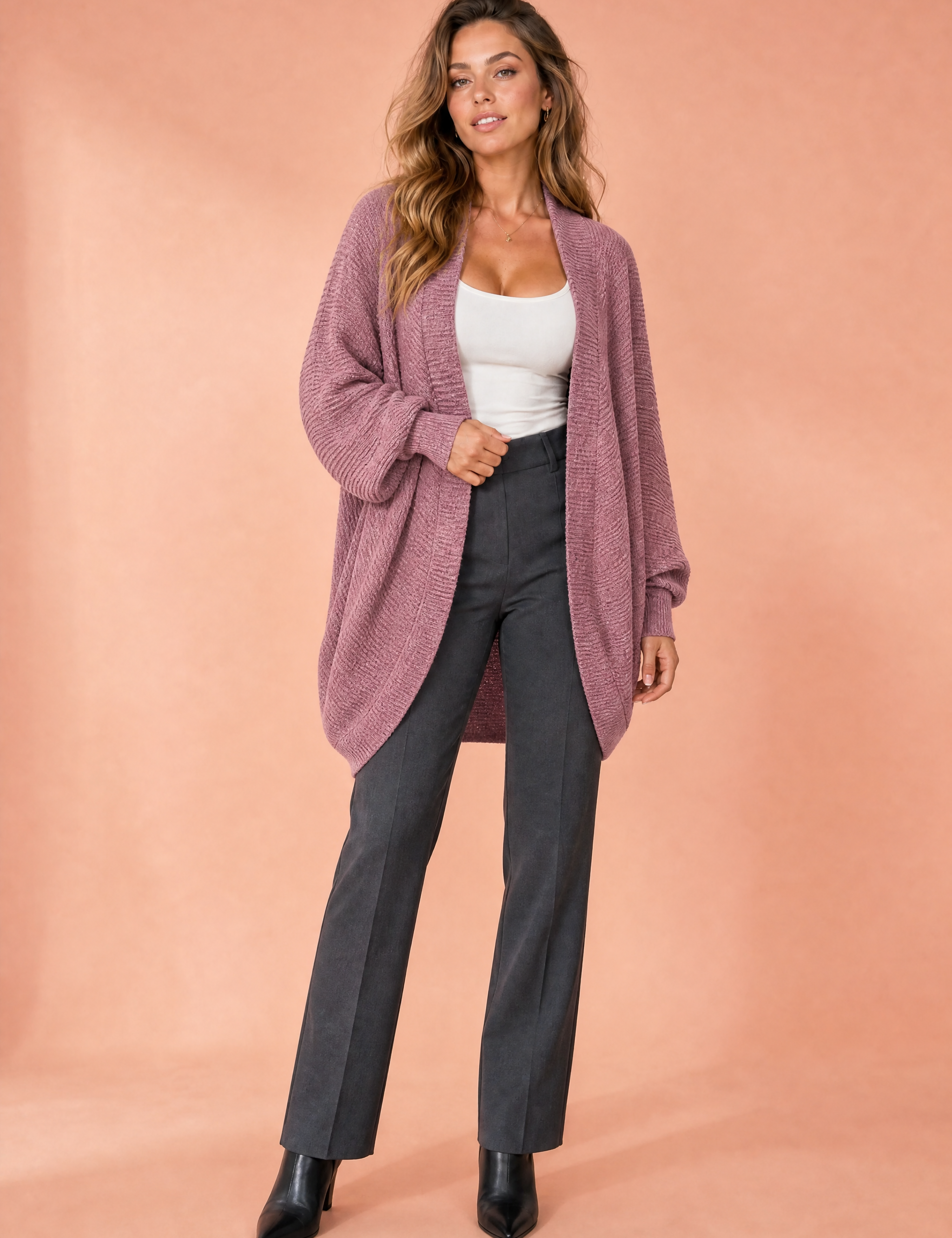 Gilet mi-long en maille côtelée | Variante Rose | Lounelle Paris