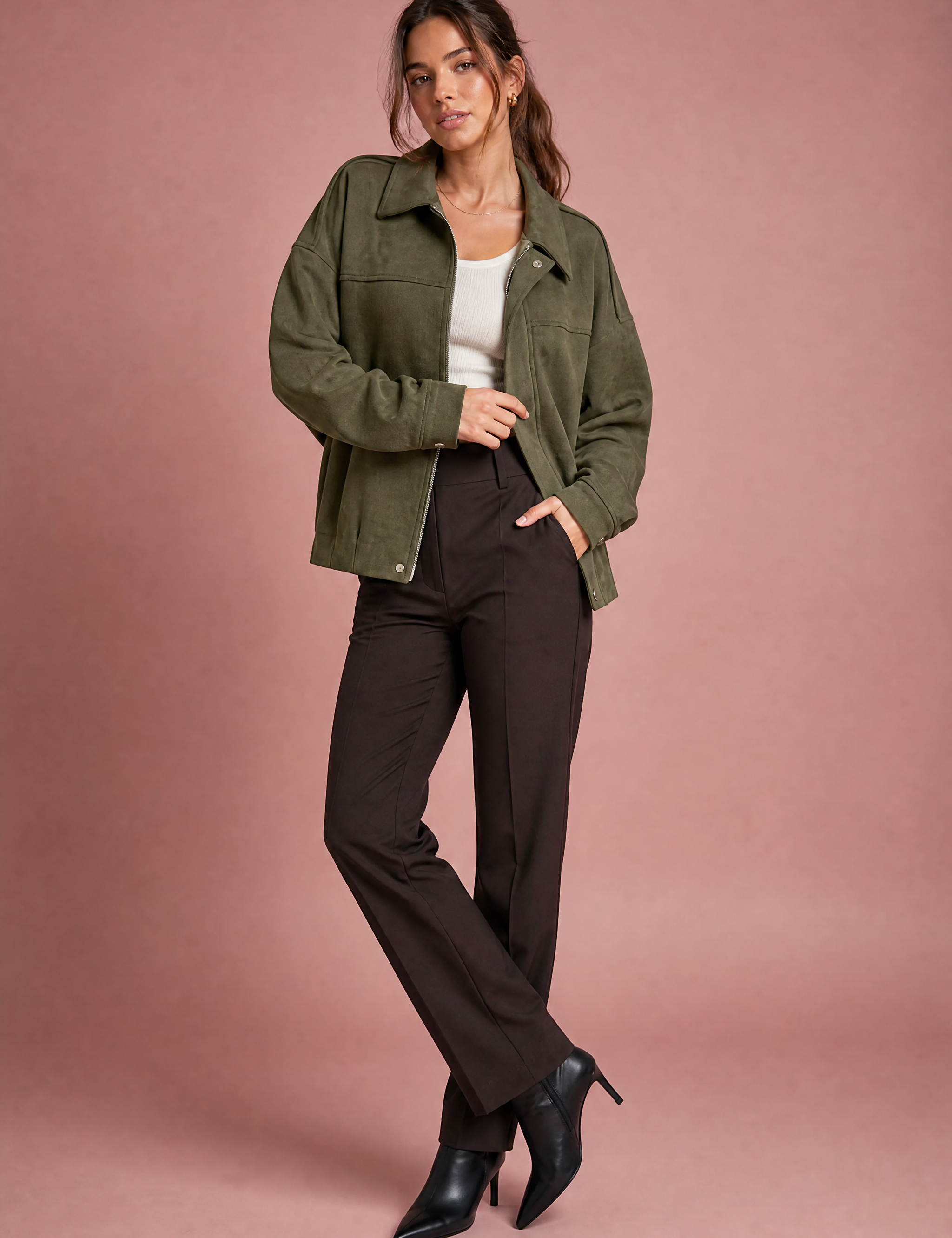 Veste ample vert armée col chemise | Vue de face | Lounelle Paris