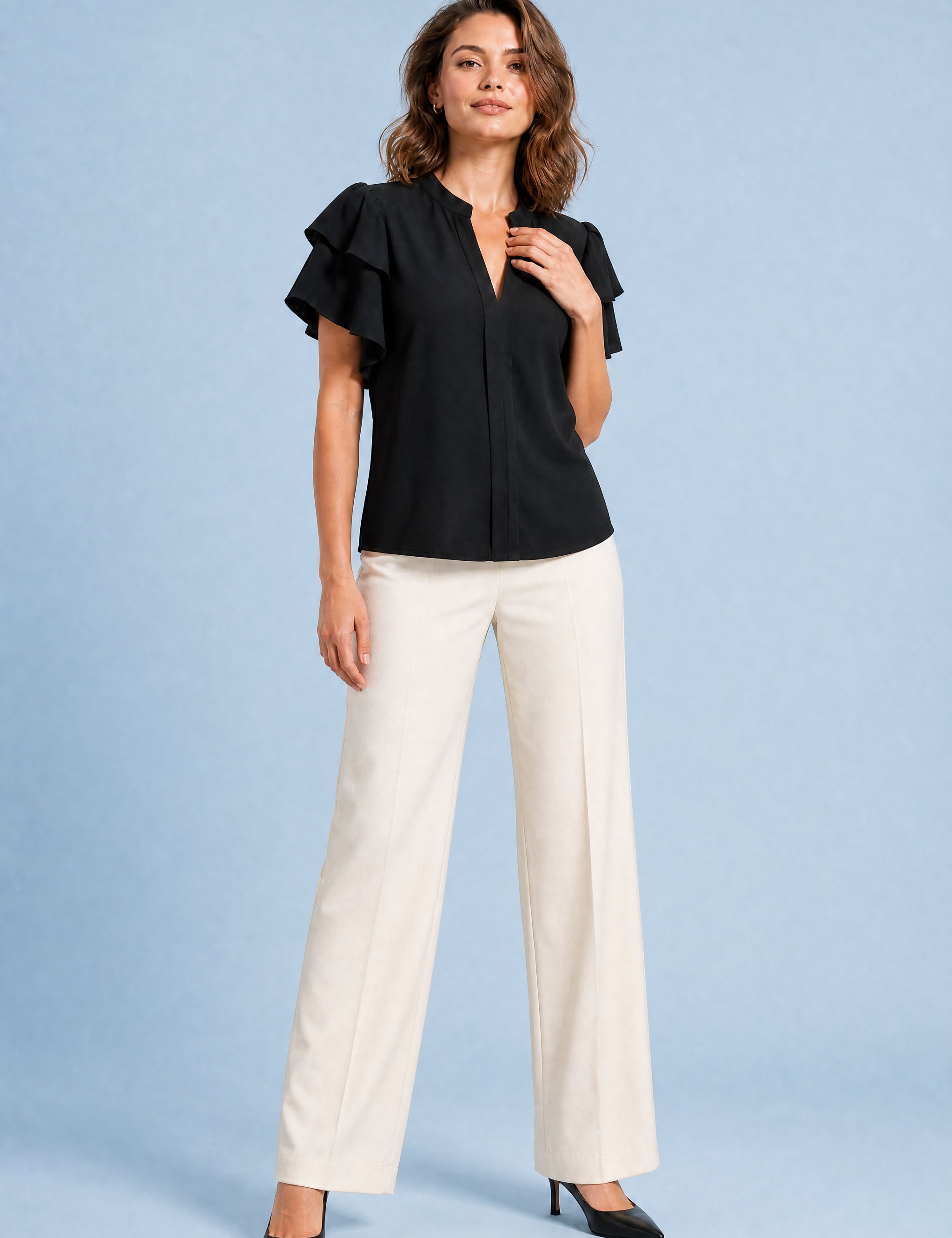Blouse col V manches volantées | Variante Noir | Lounelle Paris