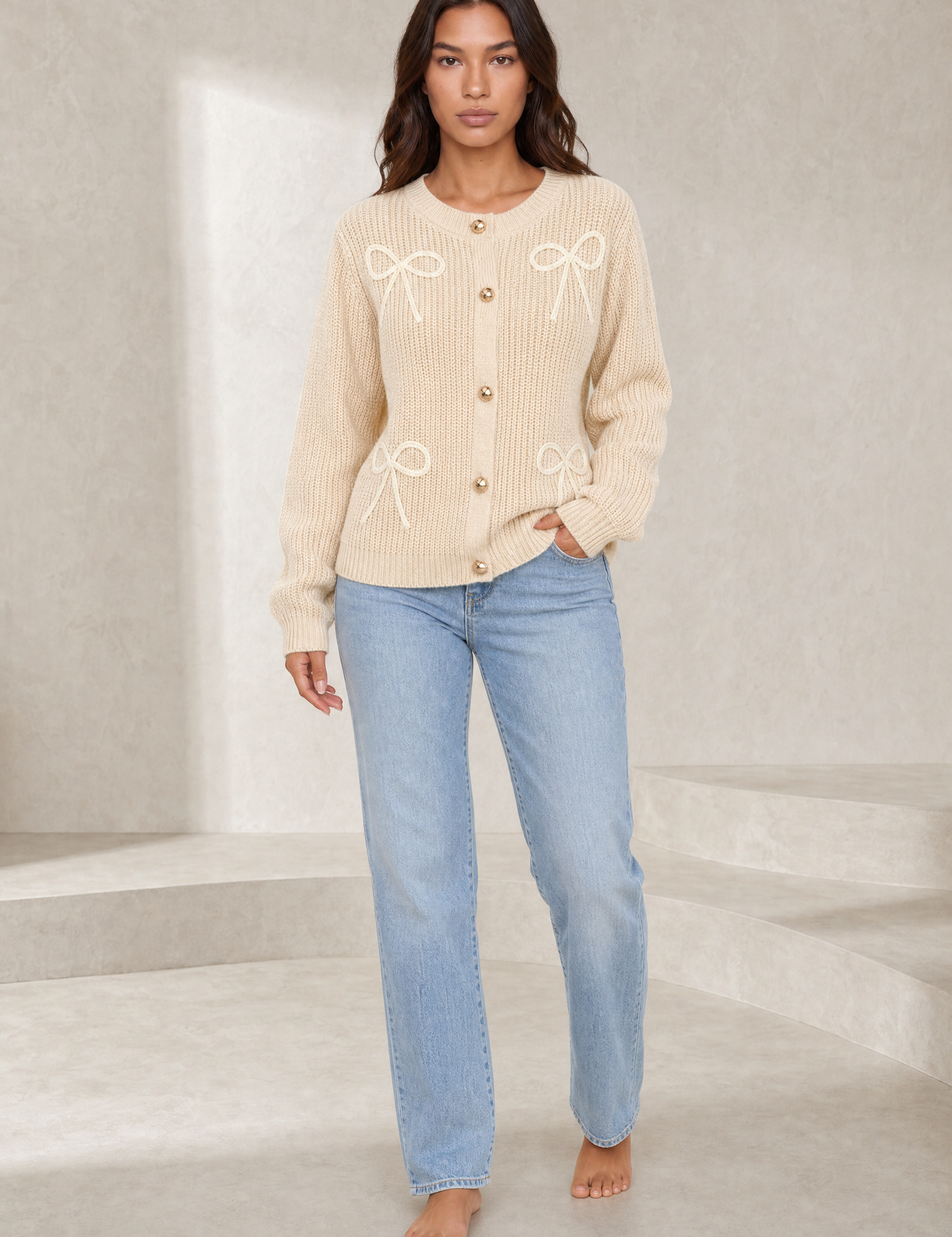 Gilet beige clair à nœuds | Lounelle Paris