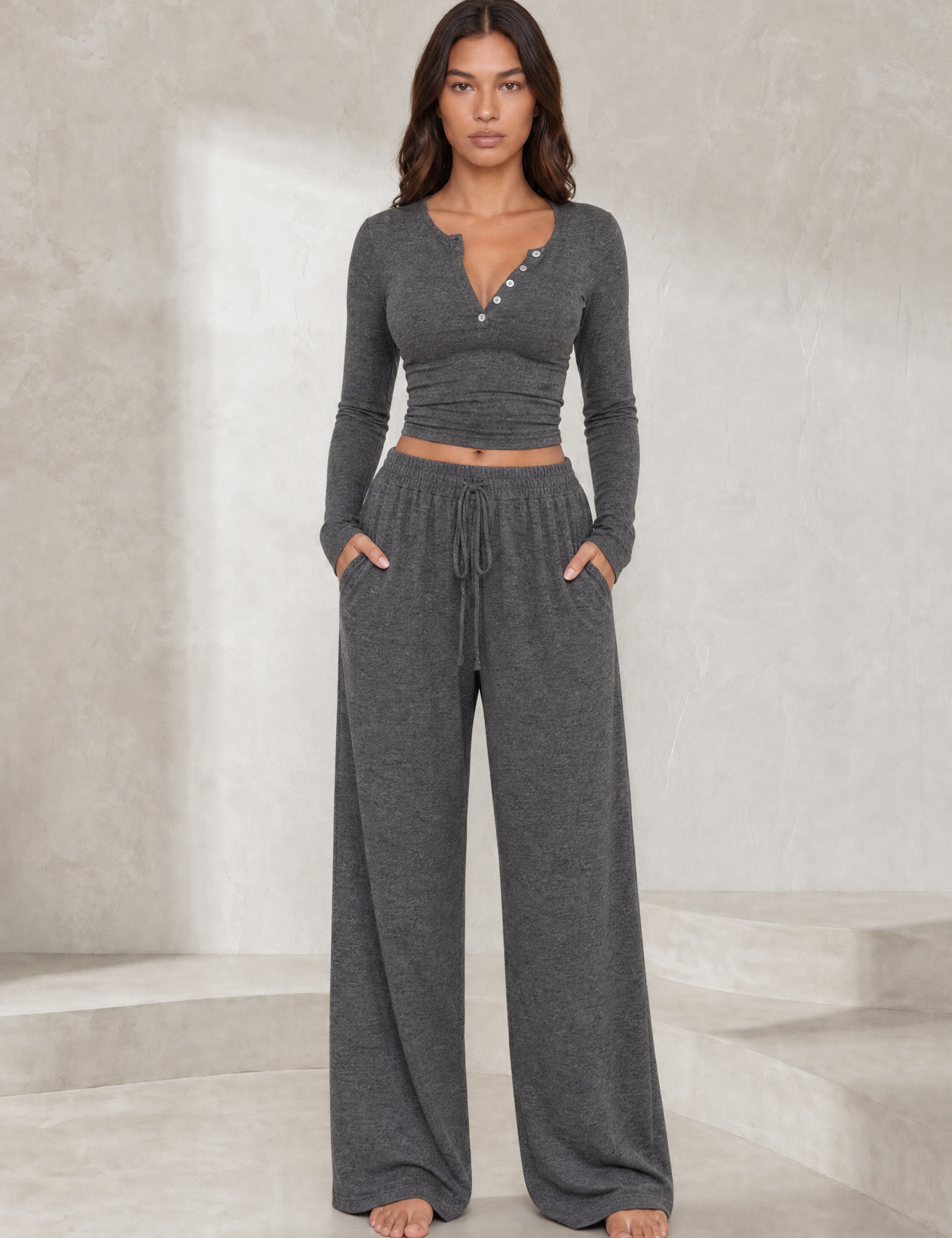 Ensemble pantalon large col V boutonné | Lounelle Paris