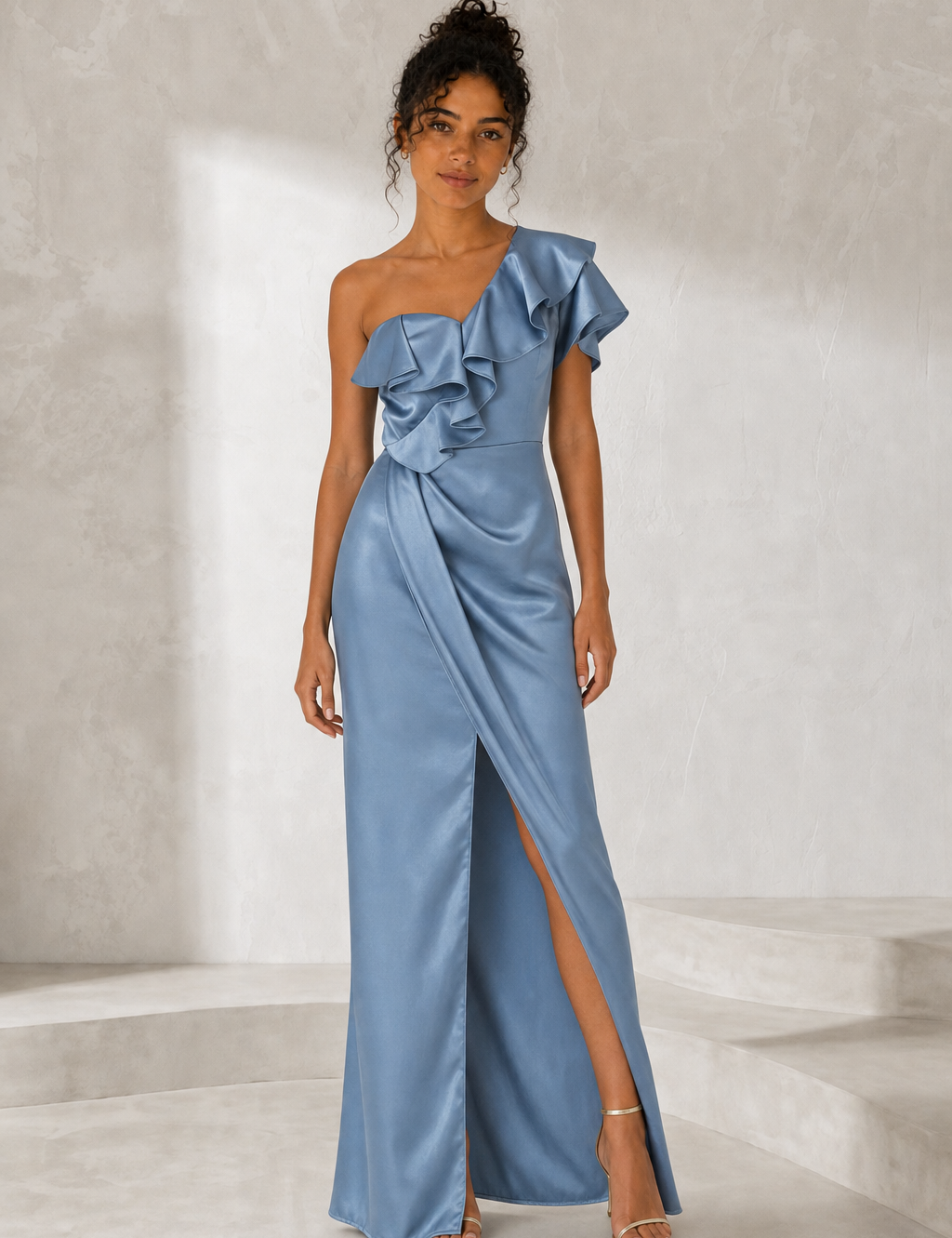 Robe longue satinée asymétrique variante bleu