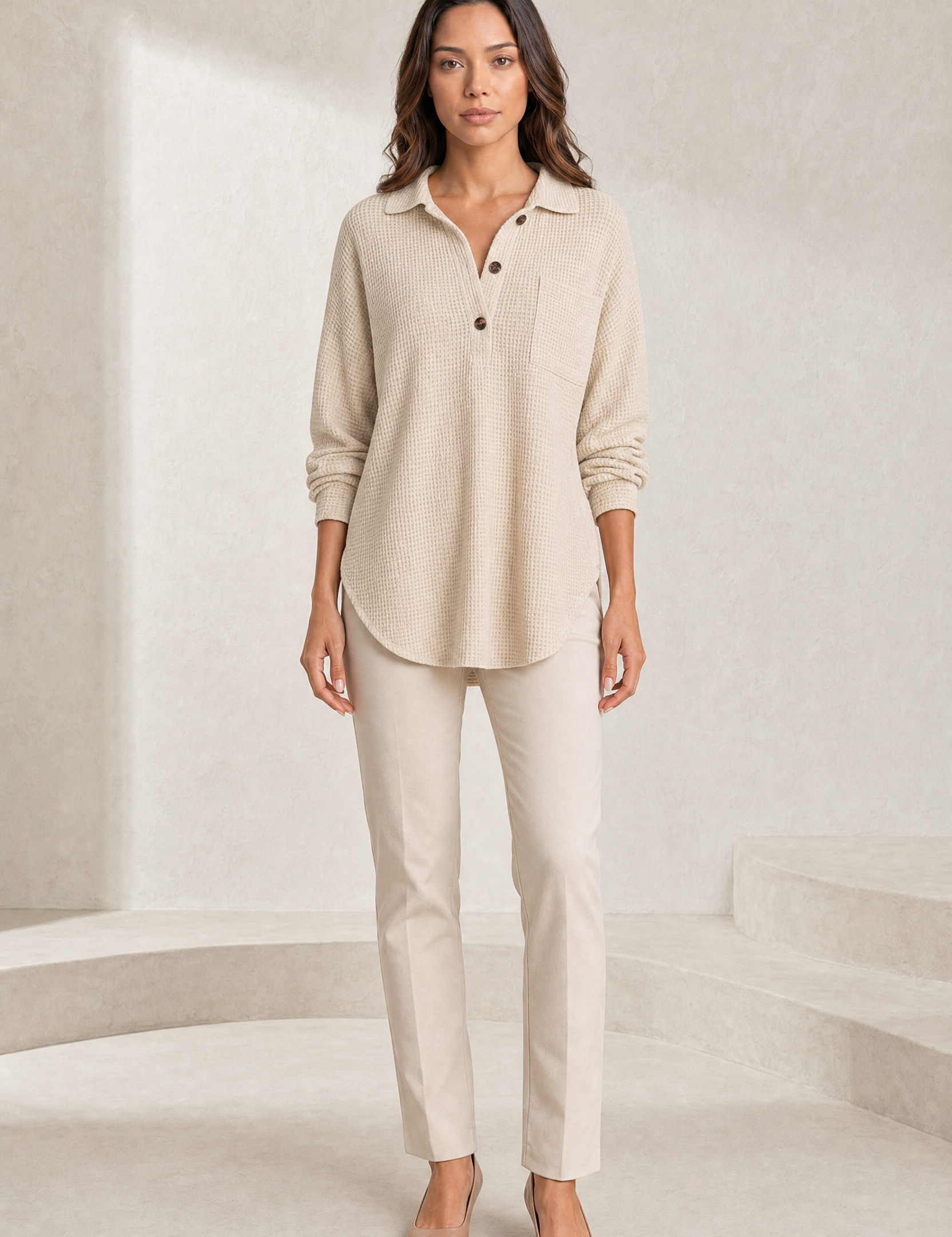 Top maille gaufrée col chemise | Lounelle Paris