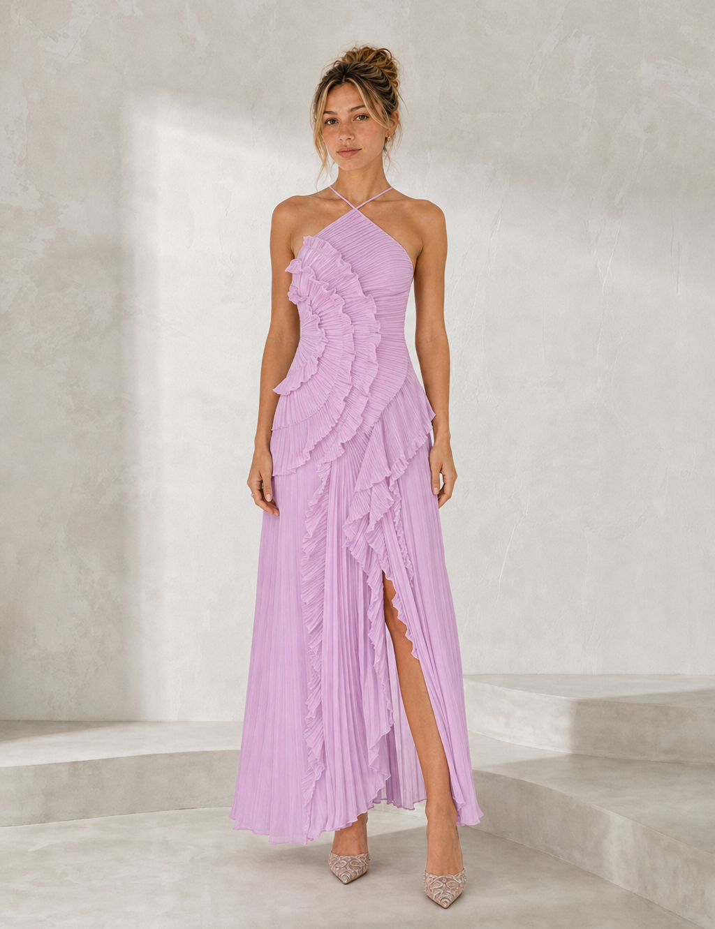 Robe longue col halter à volants variante rose