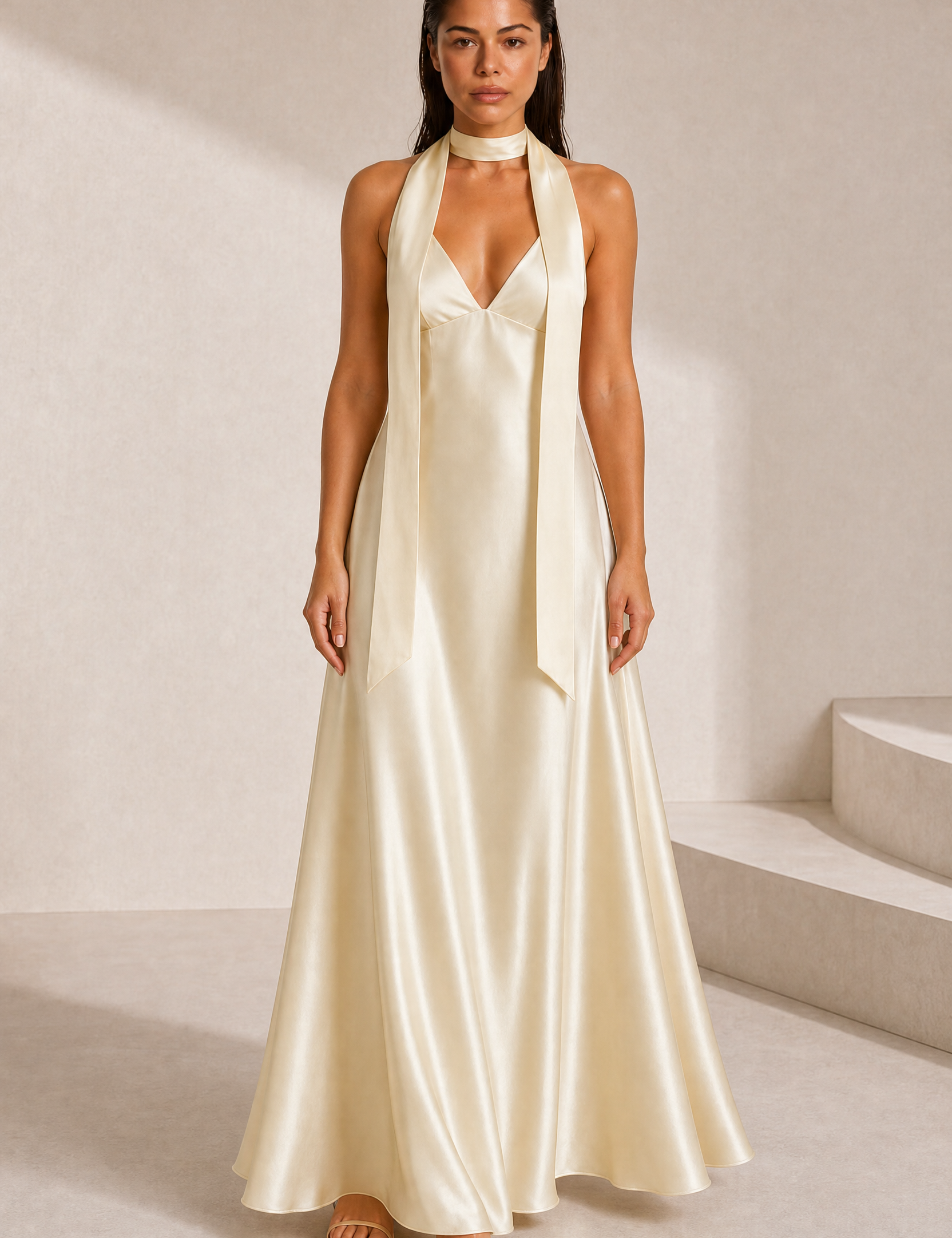 Robe champagne satinée dos nu | Lounelle Paris