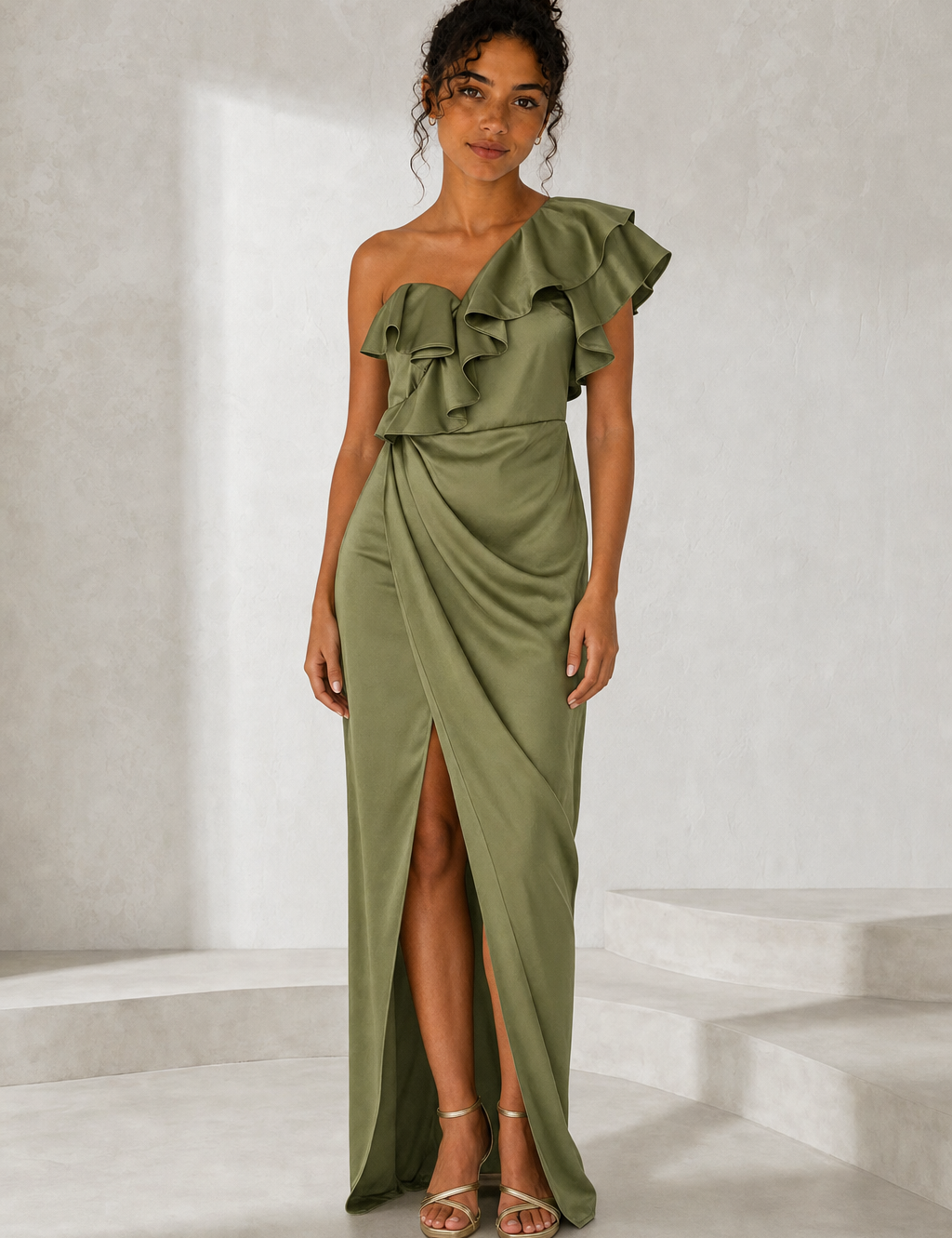 Robe longue satinée asymétrique variante vert