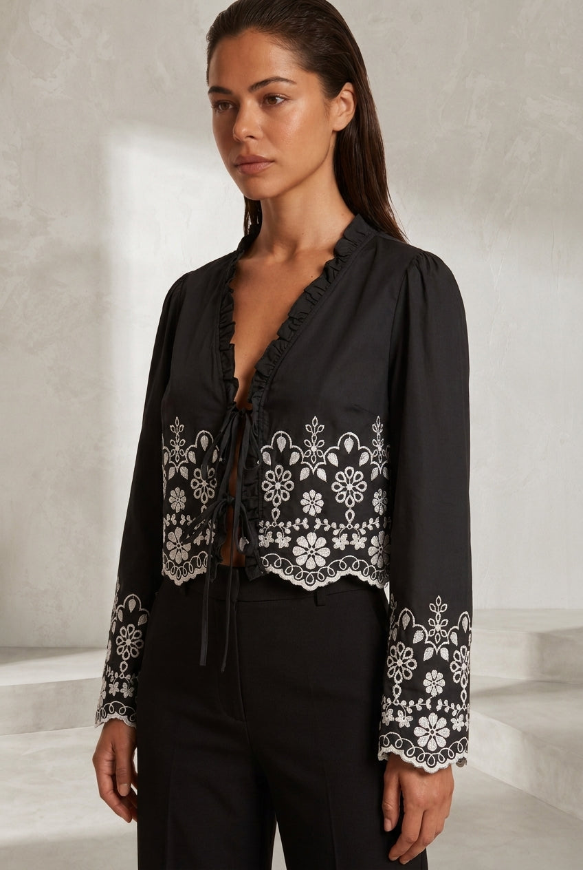 Blouse noire col V brodée | Lounelle Paris