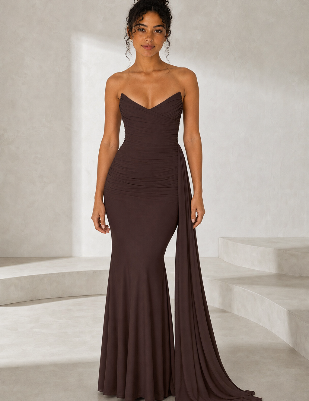 Robe marron bustier en cœur vue de face - Lounelle Paris