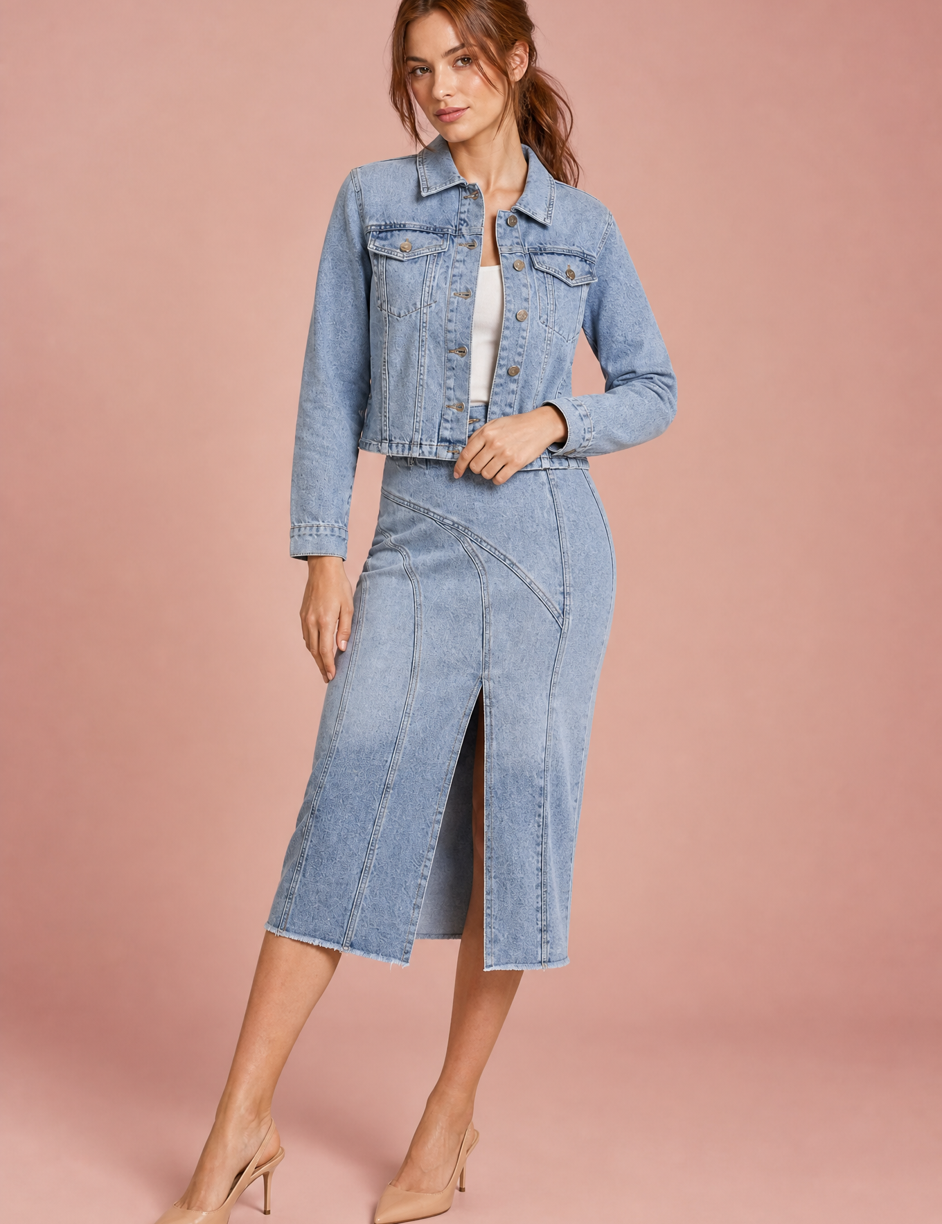 Ensemble veste jean et jupe midi | Vue de face | Lounelle Paris