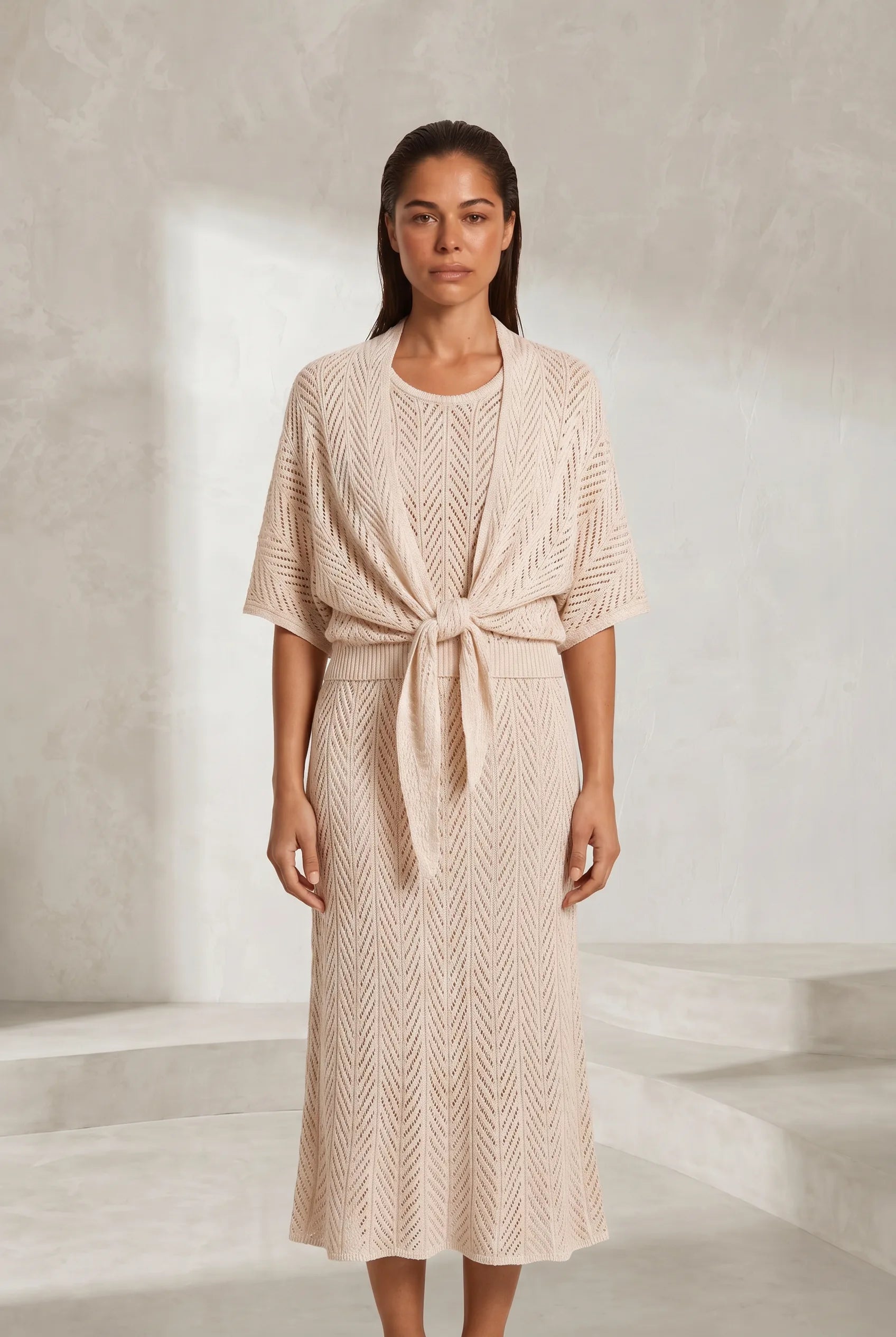 Ensemble 3 pièces beige maille ajourée | Lounelle Paris