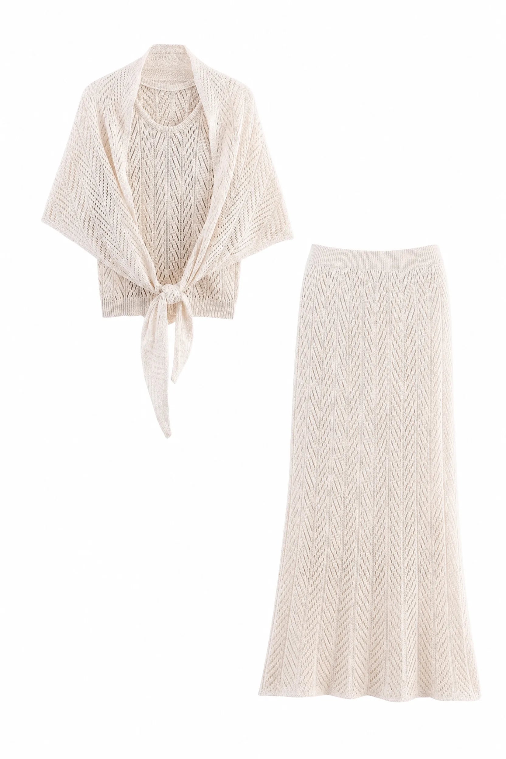 Ensemble 3 pièces beige maille ajourée | Lounelle Paris