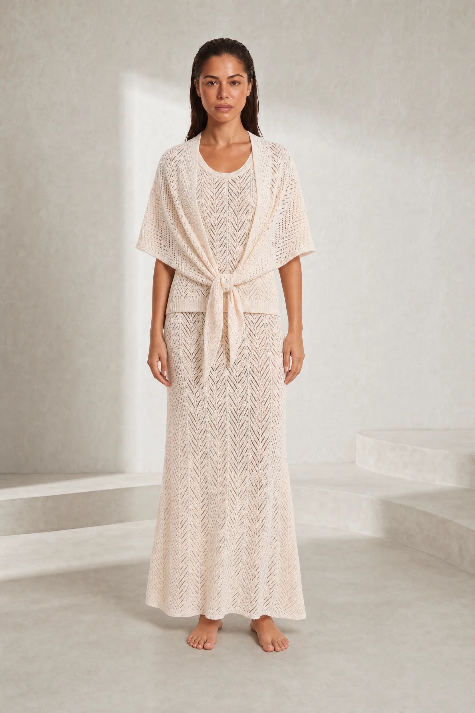 Ensemble 3 pièces beige maille ajourée | Lounelle Paris