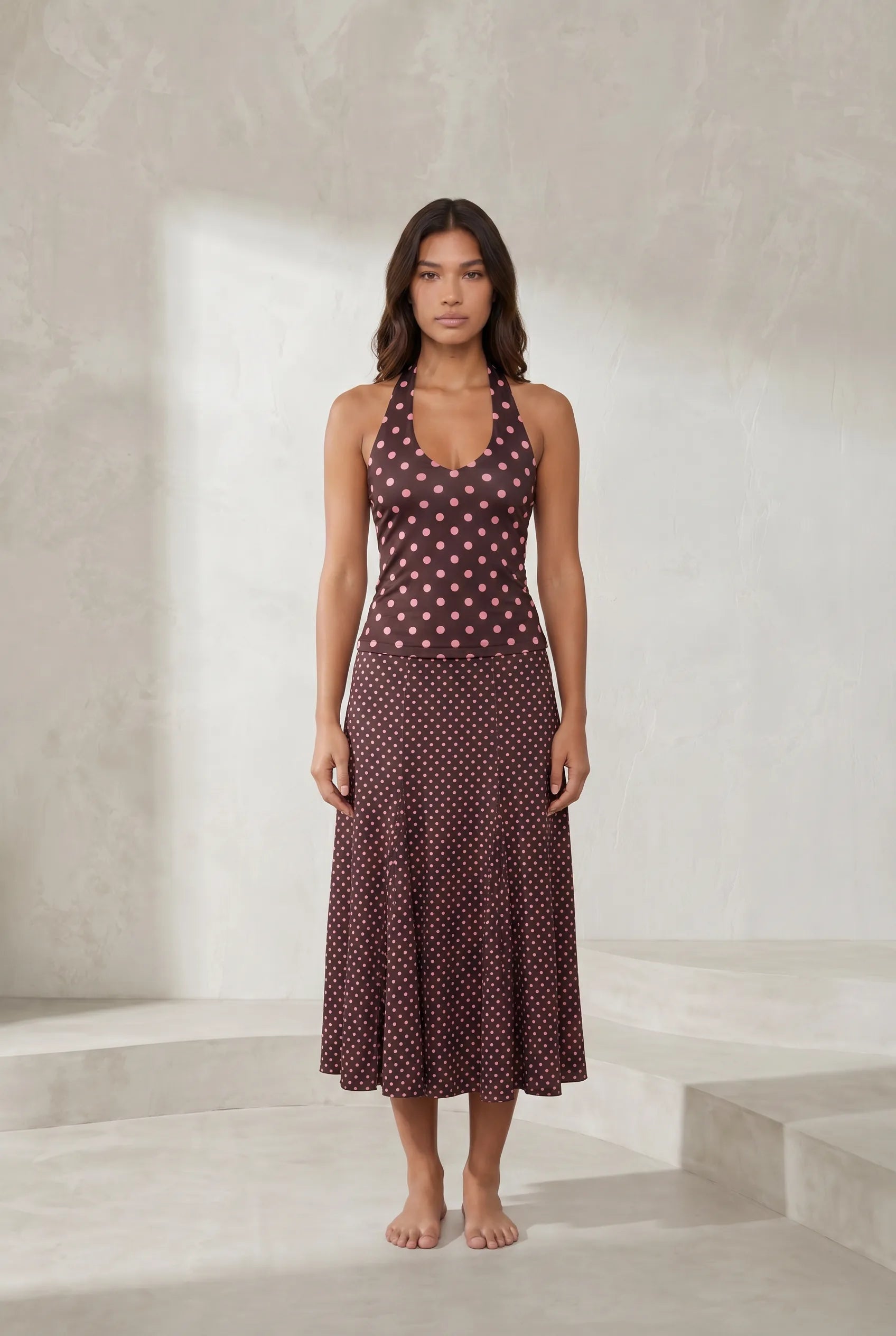 Ensemble marron à pois col halter | Lounelle Paris