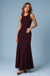 Robe longue bordeaux maille côtelée | Vue de face | Lounelle Paris