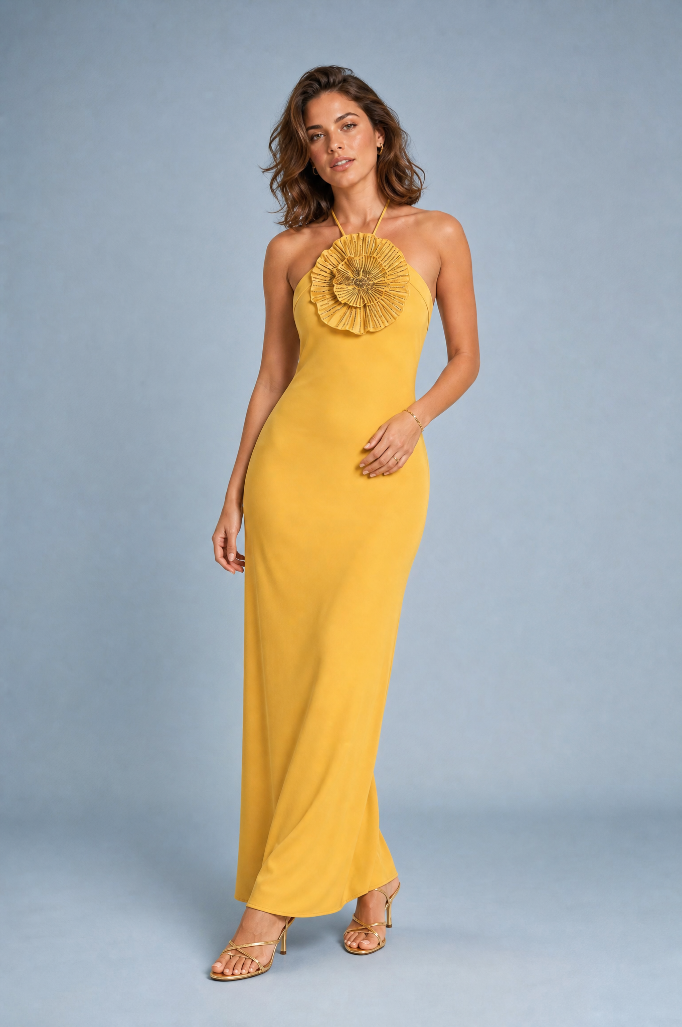 Robe longue jaune col halter | Vue de face | Lounelle Paris