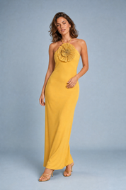 Robe longue jaune col halter | Vue de face | Lounelle Paris