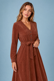 Robe marron col V velours côtelé | Vue rapprochée | Lounelle Paris