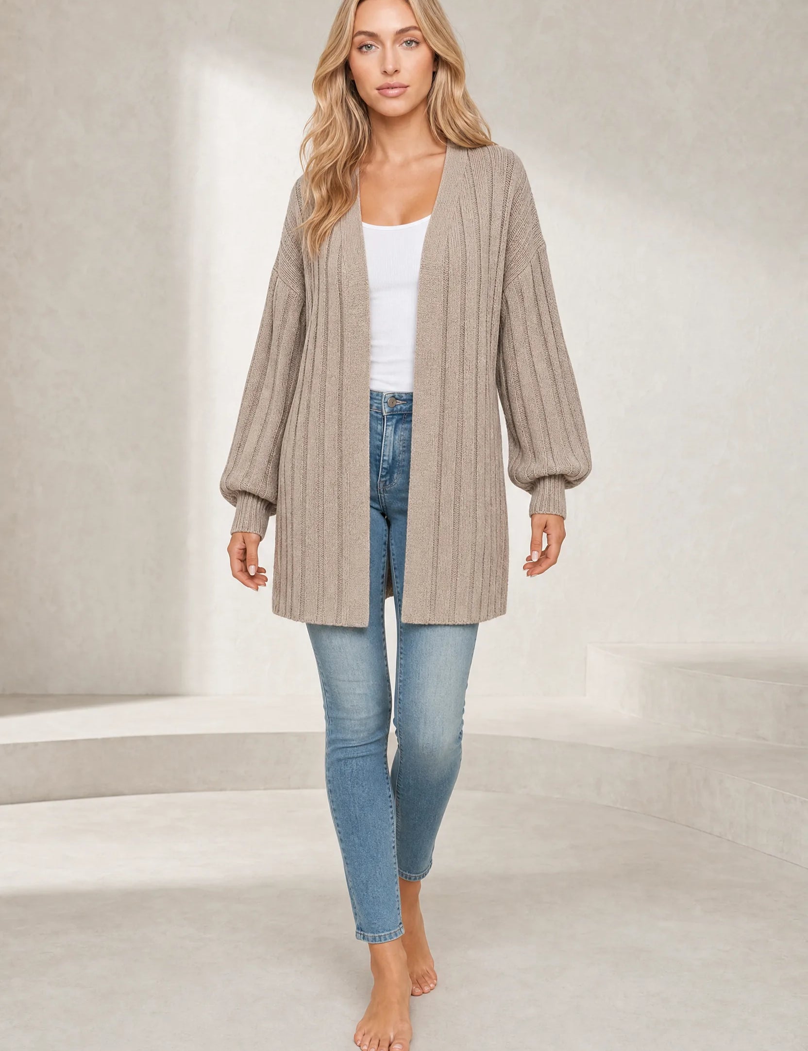 Gilet long beige manches bouffantes | Lounelle Paris