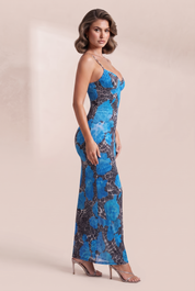Robe longue bleue à fines bretelles | Vue de profil | Lounelle Paris