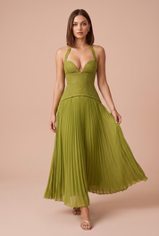 Robe jaune-vert col licou dos nu | Vue de face | Lounelle Paris