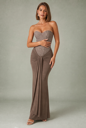Robe longue bustier drapée | Variante Kaki | Lounelle Paris