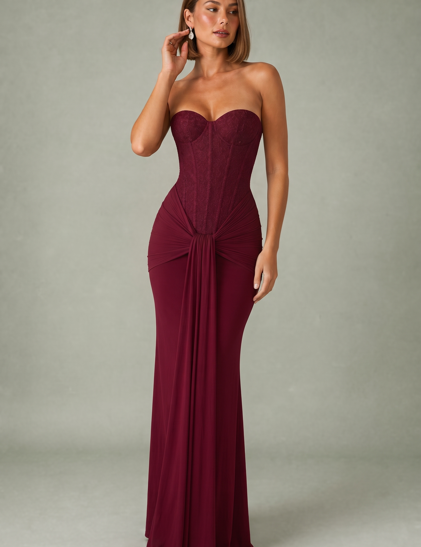 Robe longue bustier drapée | Variante Bordeaux | Lounelle Paris
