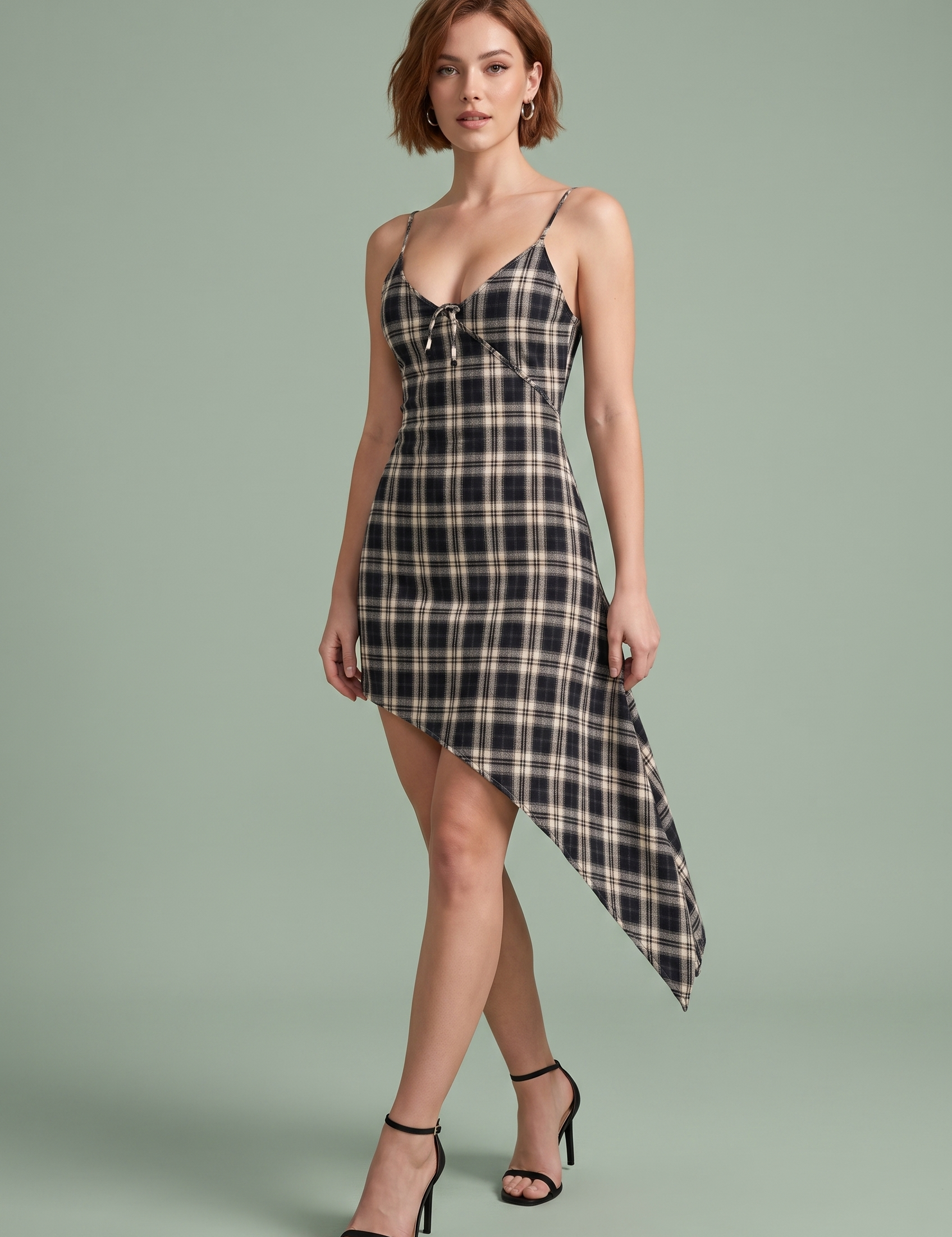 Robe noire à carreaux asymétrique | Vue de face | Lounelle Paris