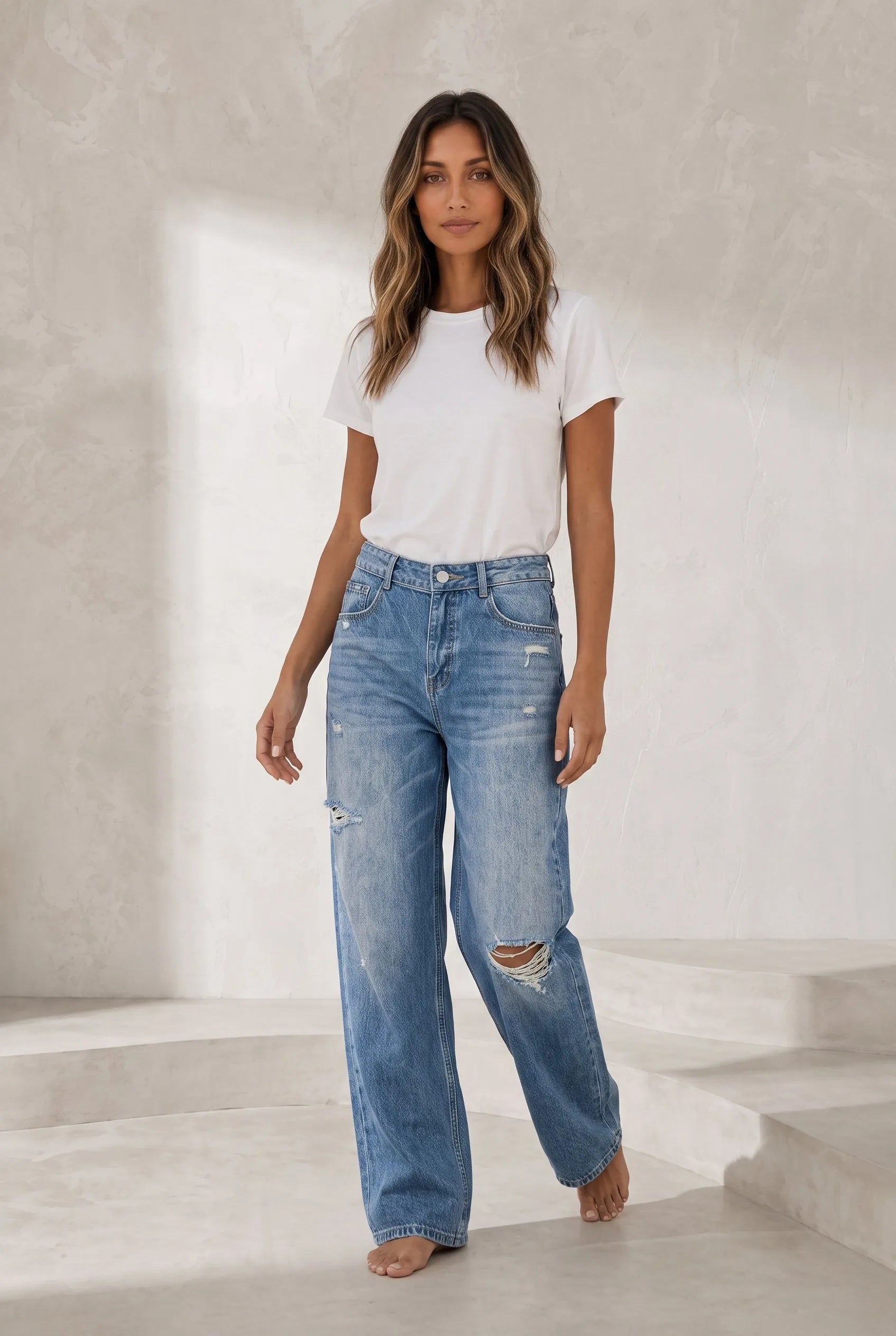 Jean bleu moyen jambe large taille repliée | Lounelle Paris