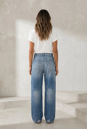 Jean bleu moyen jambe large taille repliée | Lounelle Paris
