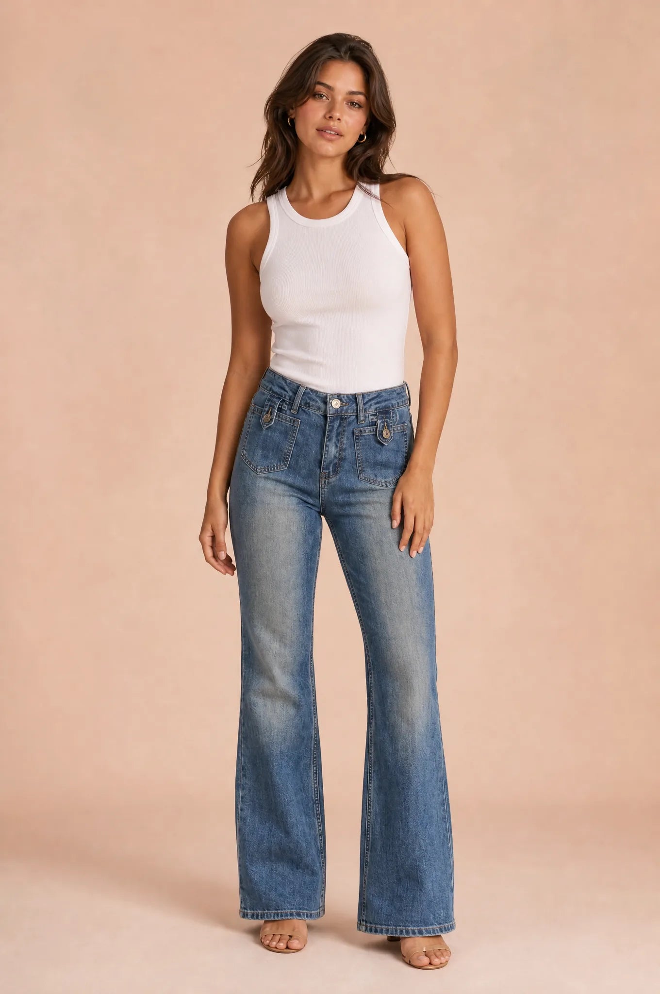 Jean bleu taille haute évasé | Vue de face | Lounelle Paris