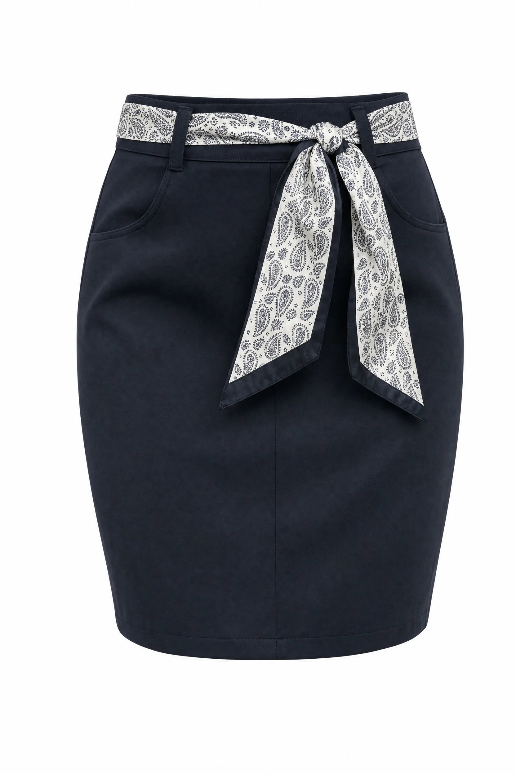 Jupe bleu marine taille haute ceinture foulard | Lounelle Paris