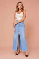 Lang denim nederdel med slids