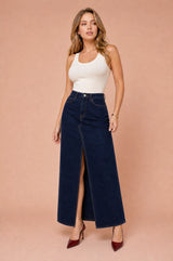 Lang denim nederdel med slids