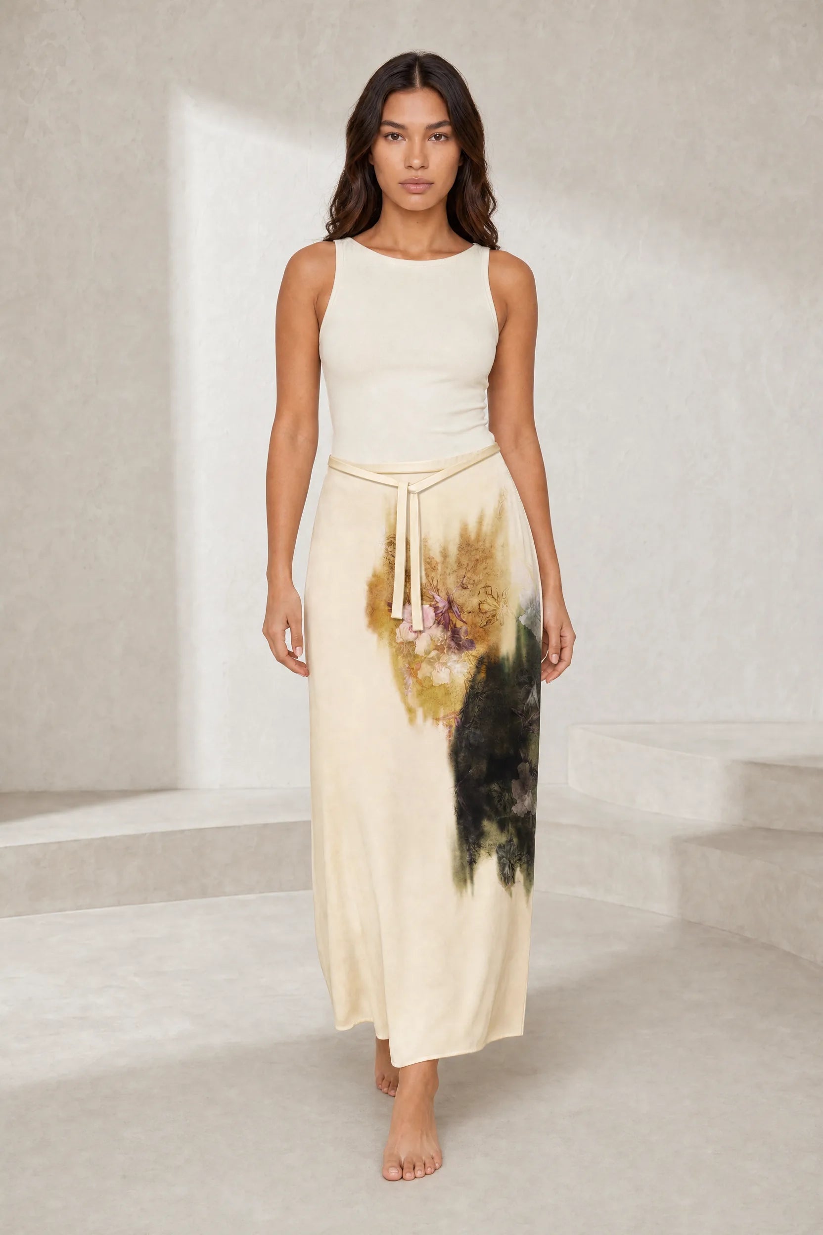 Jupe longue beige imprimé floral | Lounelle Paris