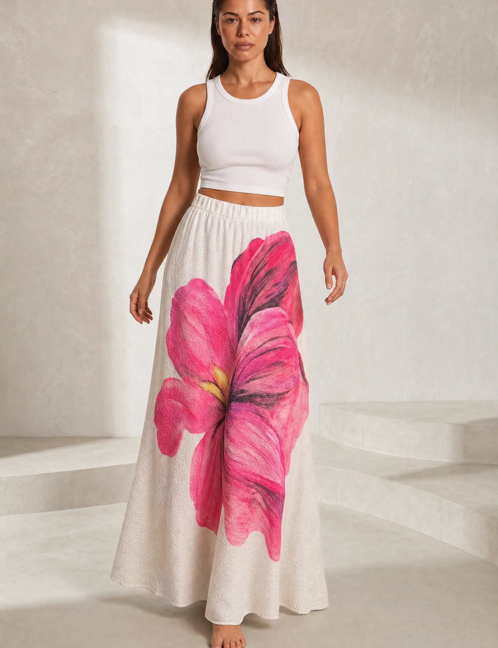 Jupe longue rose à imprimé floral | Lounelle Paris
