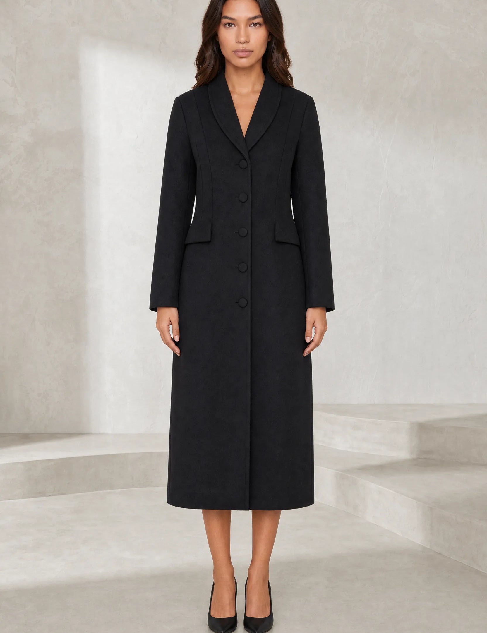 Manteau long cintré à col tailleur | Lounelle Paris