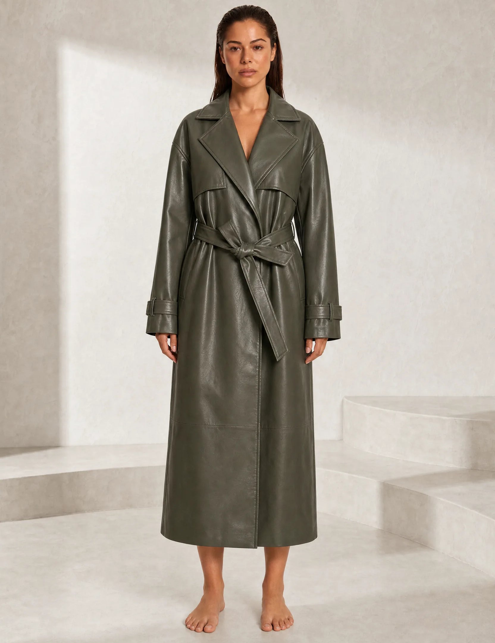 Manteau long effet cuir ceinturé | Lounelle Paris