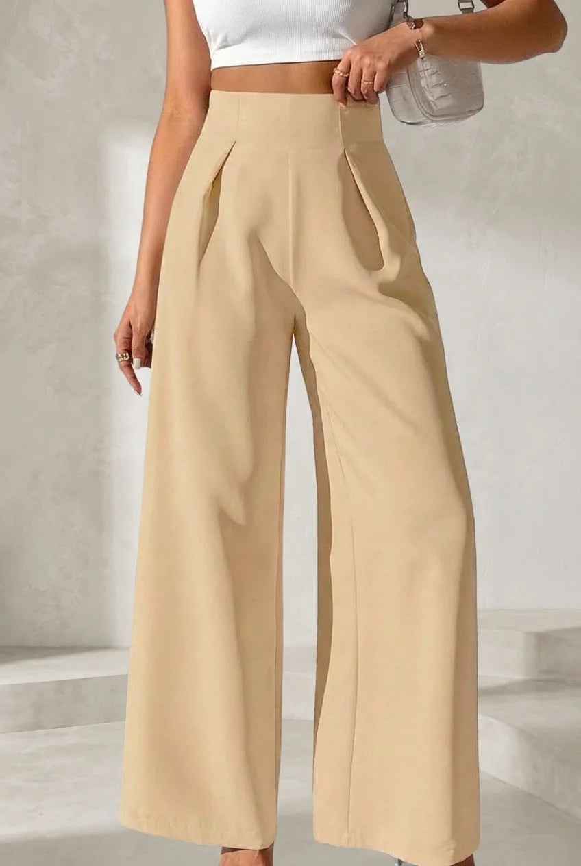 Pantalon beige taille haute jambes larges | Lounelle Paris