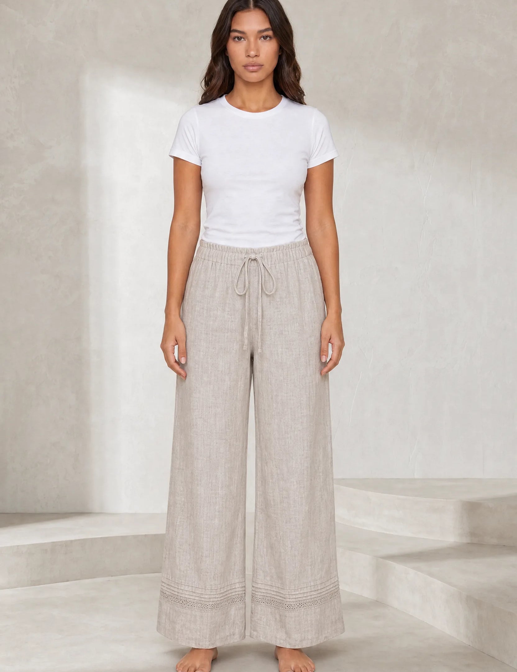 Pantalon large beige taille haute | Lounelle Paris