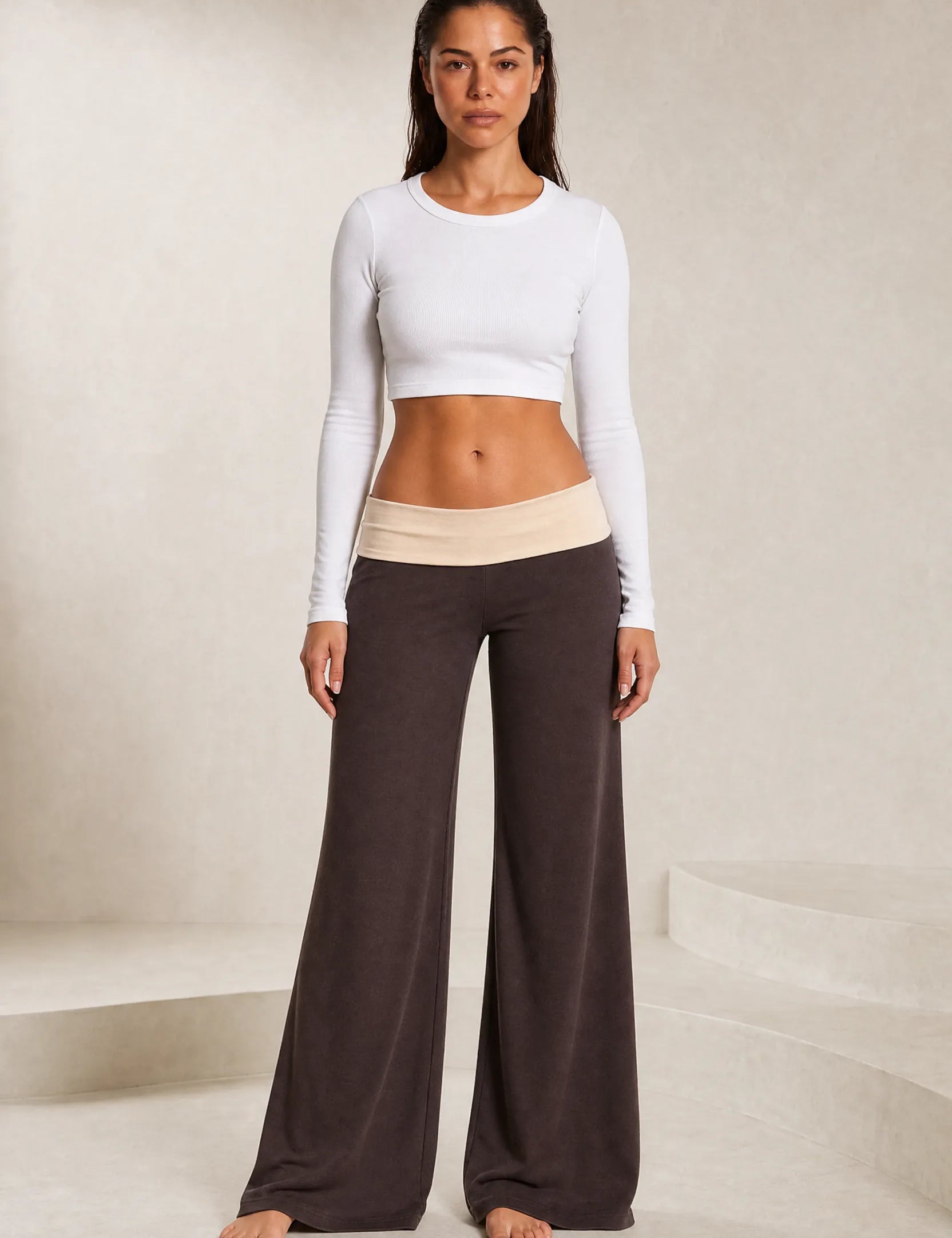 Pantalon large marron taille basse | Lounelle Paris