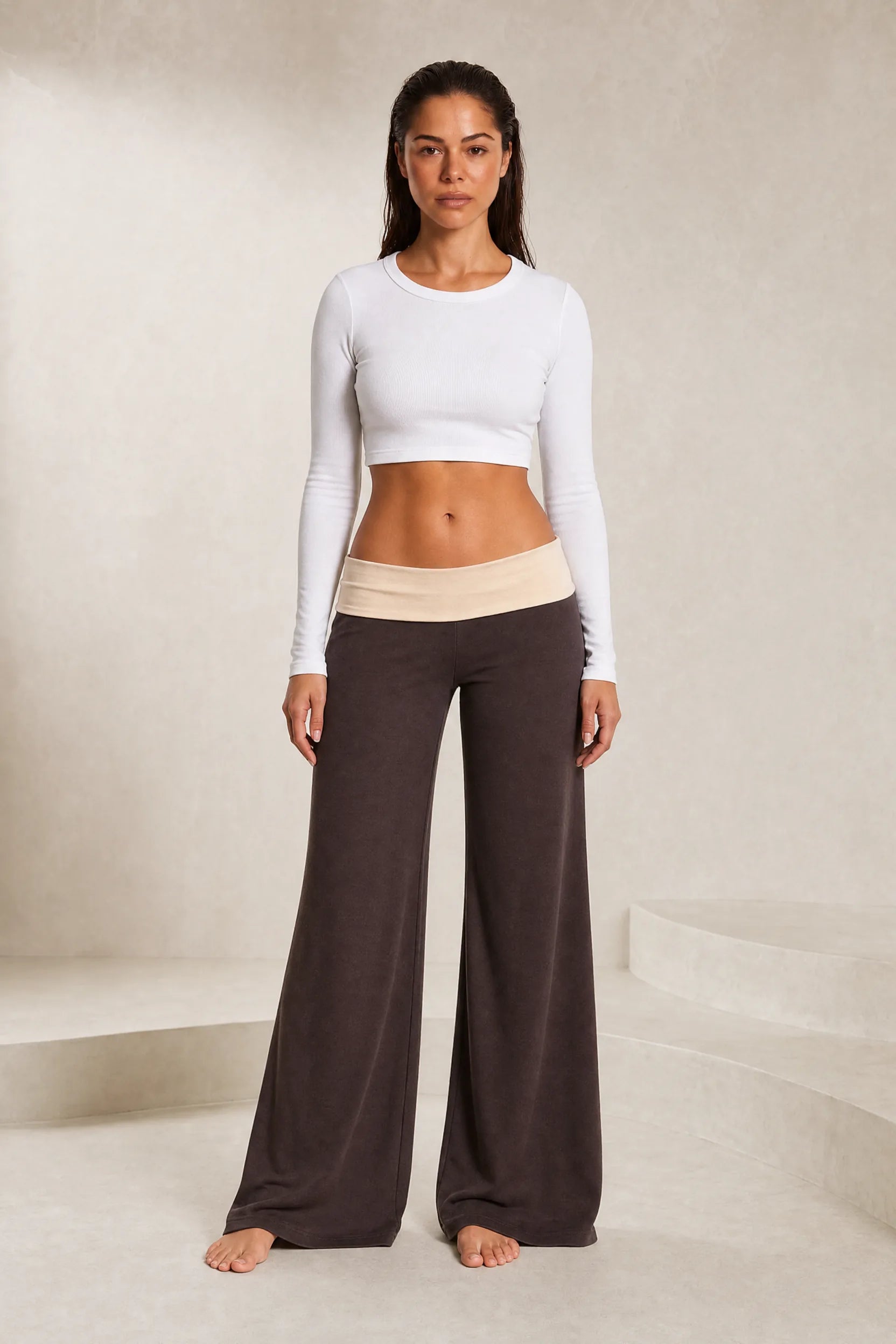 Pantalon large marron taille basse | Lounelle Paris