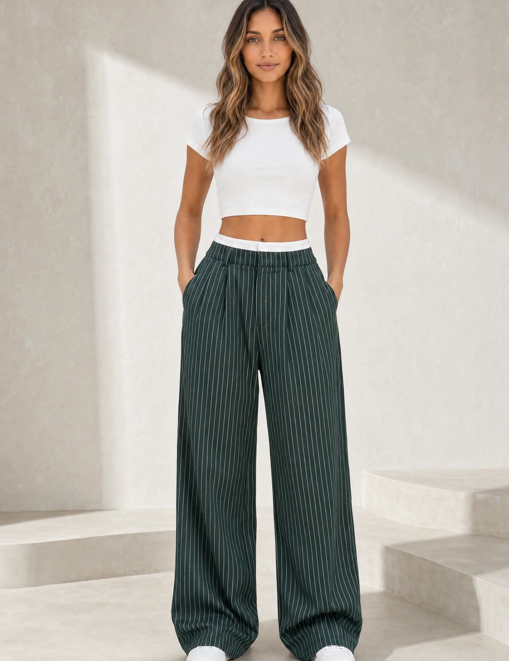 Pantalon large rayé taille haute | Lounelle Paris
