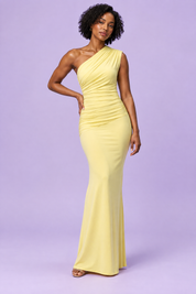 Robe longue asymétrique jaune à fronces | Vue de face | Lounelle Paris