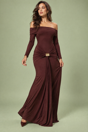 Robe longue bordeaux asymétrique à fronces et drapé | Vue en mouvement | Lounelle Paris