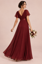 Robe longue plissée bordeaux à col V | Vue de dos | Lounelle Paris