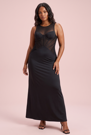 Robe bustier noire à empiècements en résille | Vue de face | Lounelle Paris