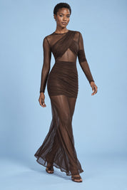 Robe longue moulante marron à fronces | Vue en mouvement | Lounelle Paris