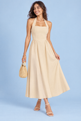 Beige midikjole med halterneck og A-facon